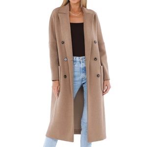 Line & Dot Long Double-Breasted Wool Blend Coat in Camel